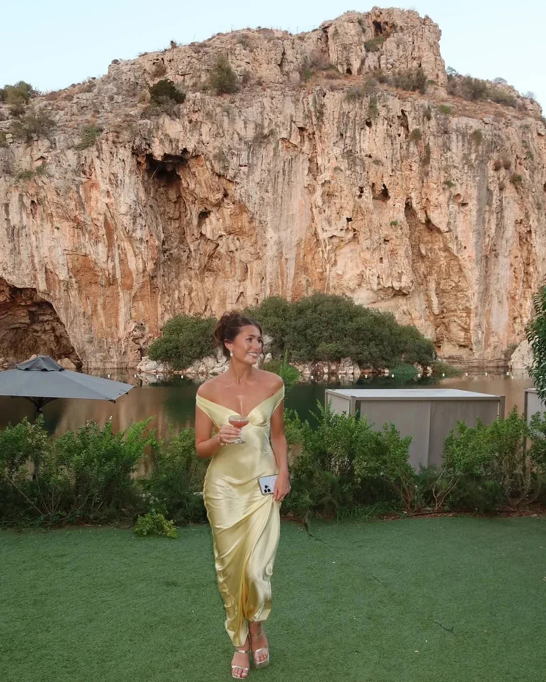 Women's Yellow Satin Maxi Dress | Off Shoulder Slip Evening Gown