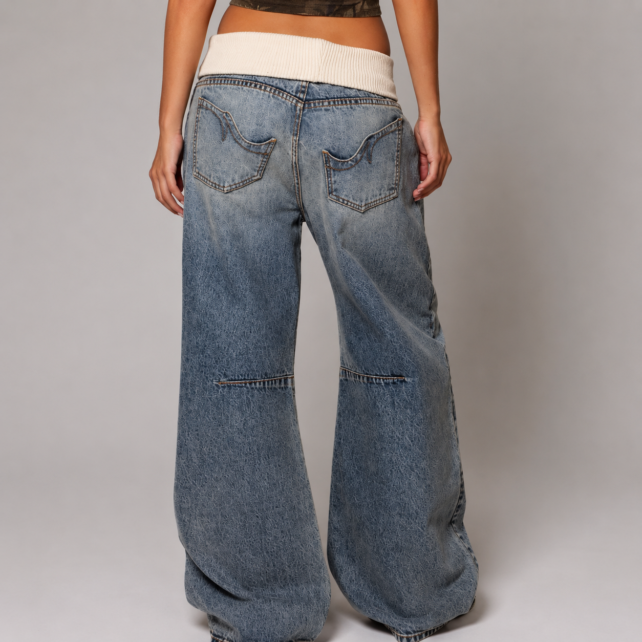 Women's Baggy Wide Leg Jeans with Ribbed Waistband