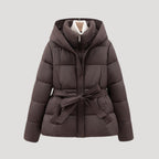 Women's Belted Quilted Puffer Jacket with Hood and Zip Front