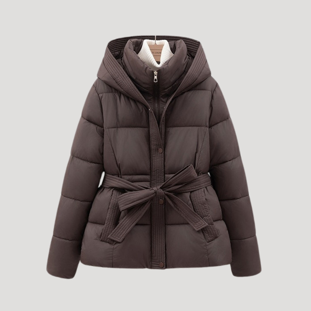 Women's Belted Quilted Puffer Jacket with Hood and Zip Front