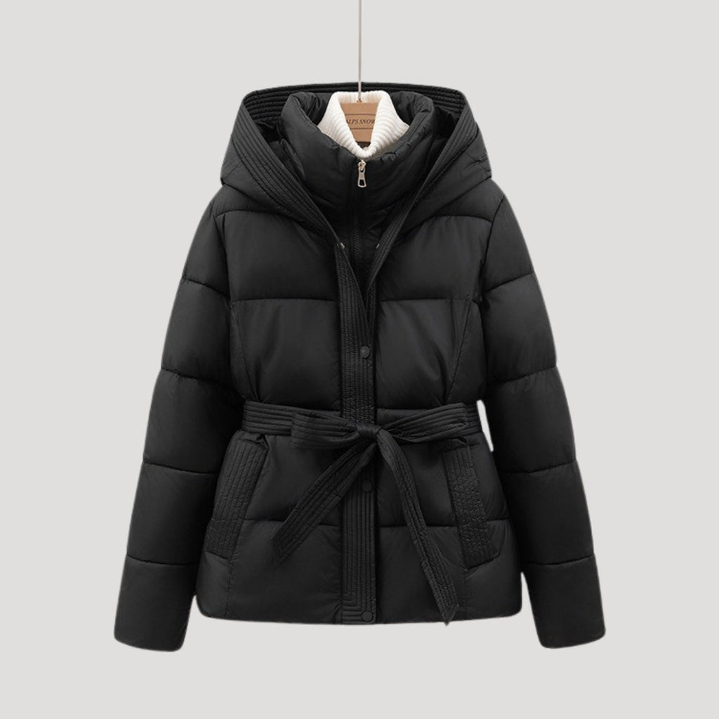 Women's Belted Quilted Puffer Jacket with Hood and Zip Front