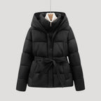 Women's Belted Quilted Puffer Jacket with Hood and Zip Front