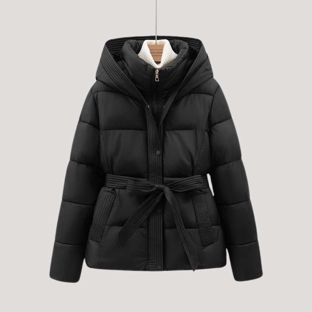Women's Belted Quilted Puffer Jacket with Hood and Zip Front