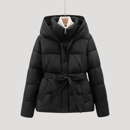 Women's Belted Quilted Puffer Jacket with Hood and Zip Front