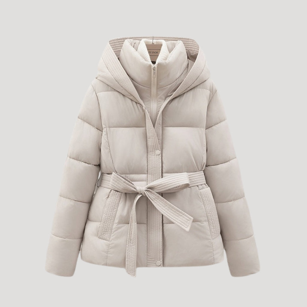 Women's Belted Quilted Puffer Jacket with Hood and Zip Front