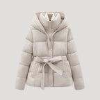 Women's Belted Quilted Puffer Jacket with Hood and Zip Front