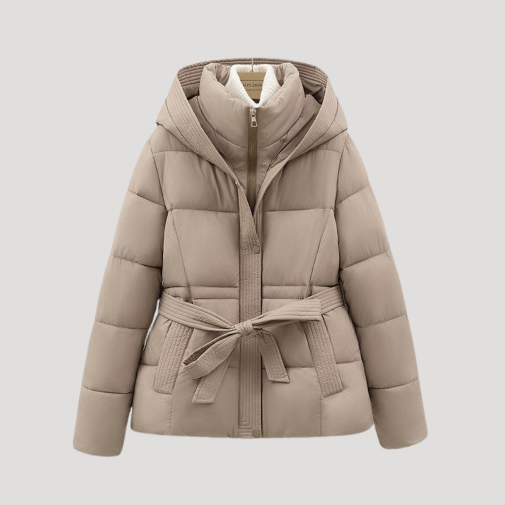 Women's Belted Quilted Puffer Jacket with Hood and Zip Front