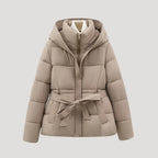 Women's Belted Quilted Puffer Jacket with Hood and Zip Front