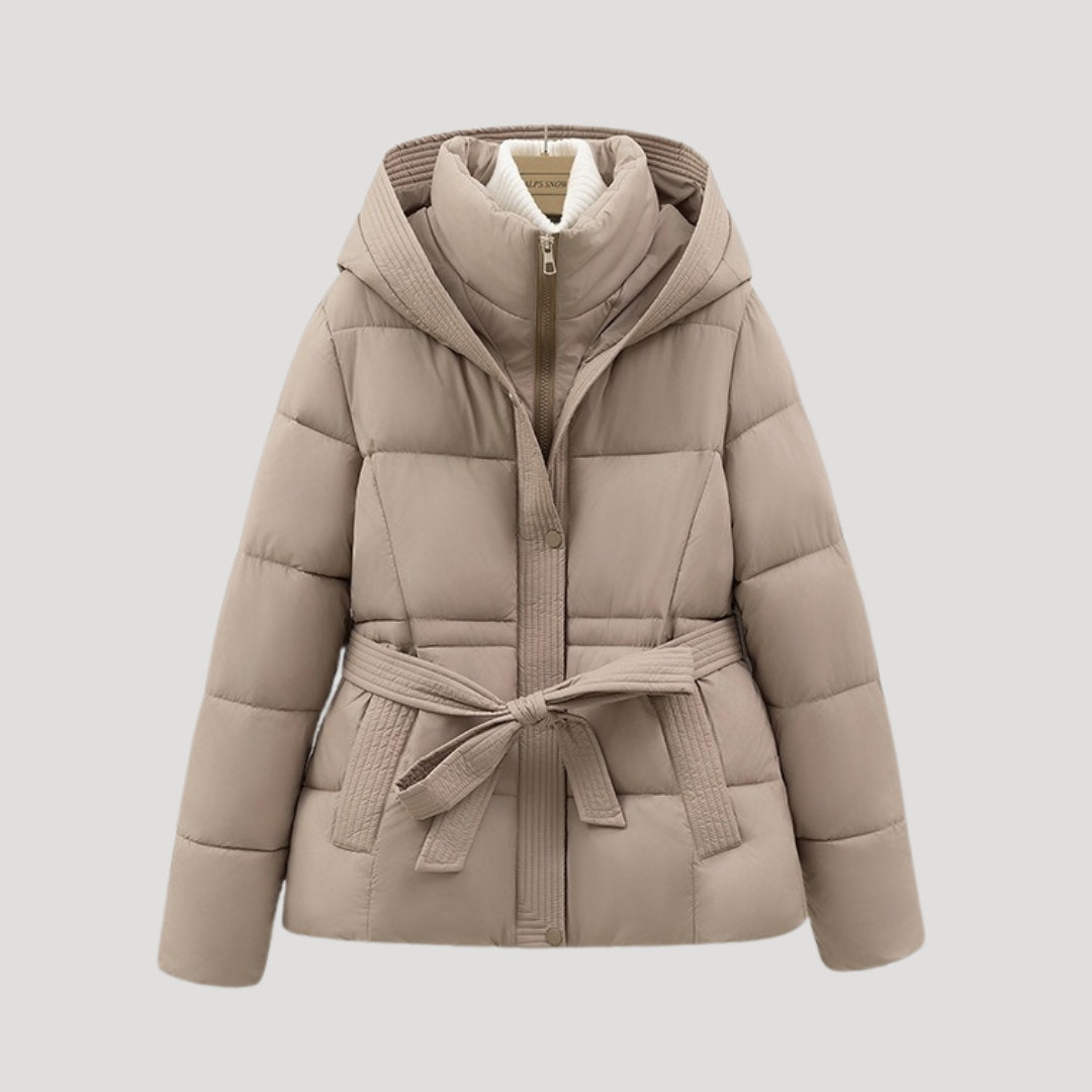 Women's Belted Quilted Puffer Jacket with Hood and Zip Front