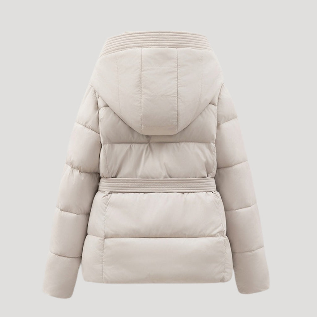 Women's Belted Quilted Puffer Jacket with Hood and Zip Front