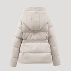 Women's Belted Quilted Puffer Jacket with Hood and Zip Front