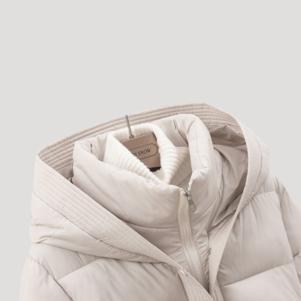 Women's Belted Quilted Puffer Jacket with Hood and Zip Front