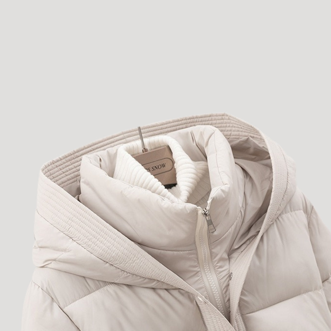 Women's Belted Quilted Puffer Jacket with Hood and Zip Front