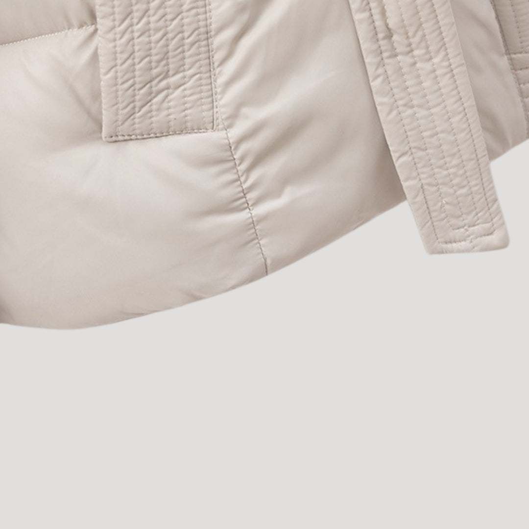 Women's Belted Quilted Puffer Jacket with Hood and Zip Front