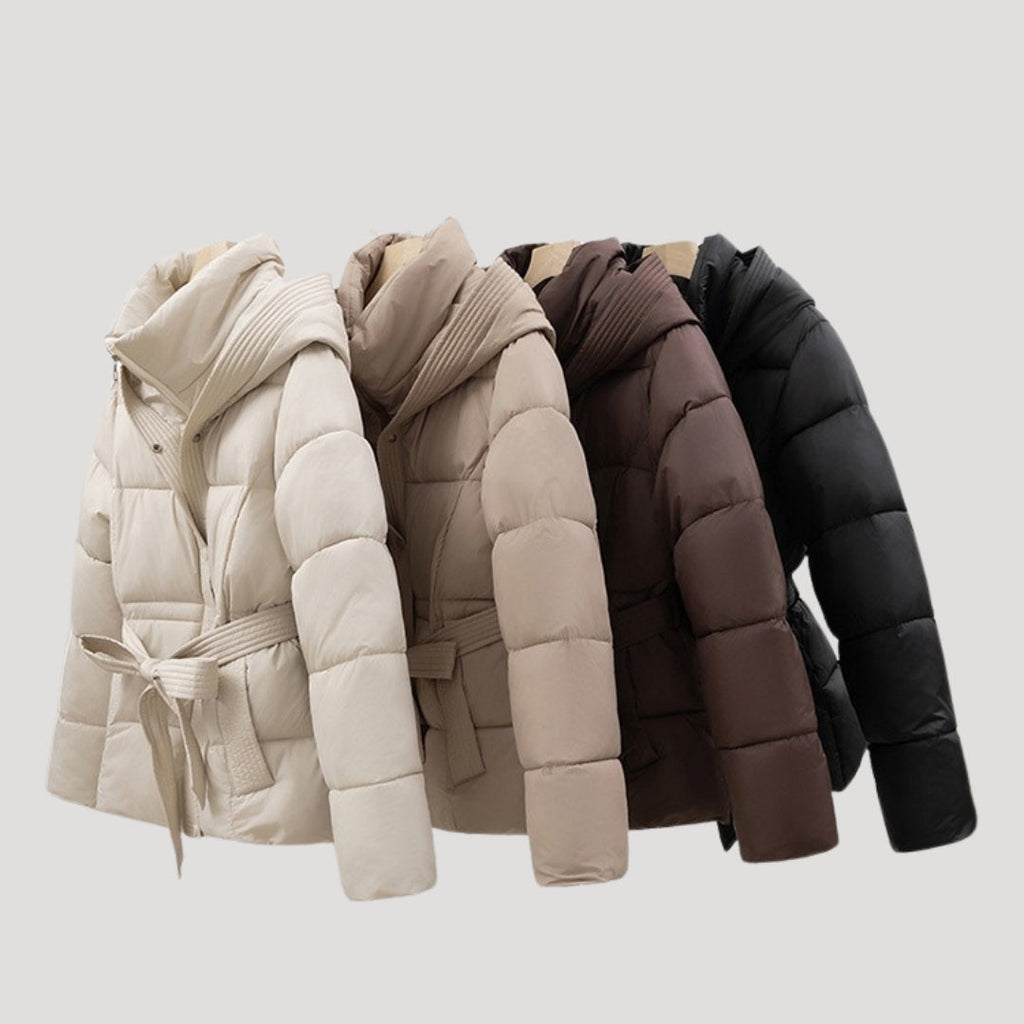 Women's Belted Quilted Puffer Jacket with Hood and Zip Front