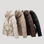 Women's Belted Quilted Puffer Jacket with Hood and Zip Front