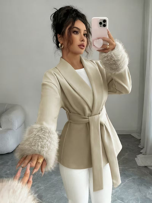Women's Belted Jacket with Lapel Collar and Faux Fur Cuffs