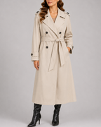 Women's Belted Long Trench Coat | Double Breasted Notch Lapel Longline Overcoat