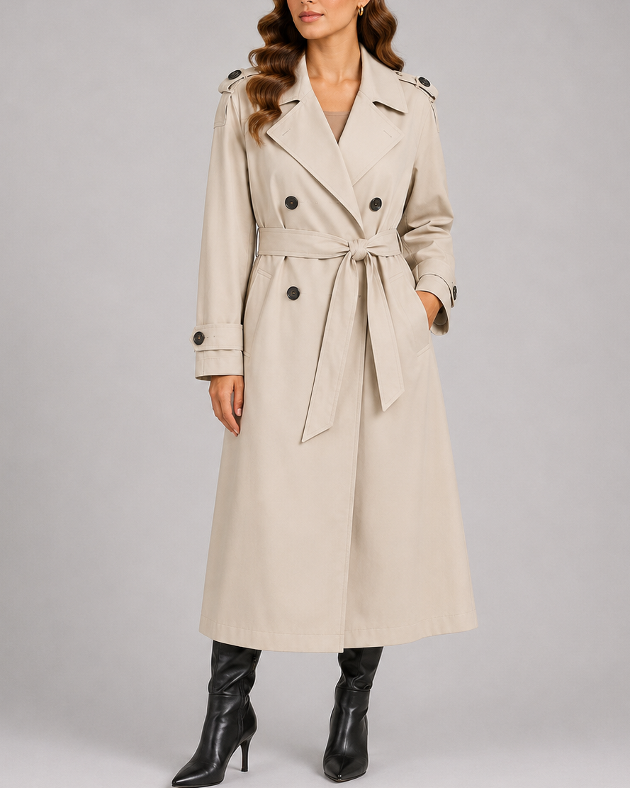 Women's Belted Long Trench Coat | Double Breasted Notch Lapel Longline Overcoat