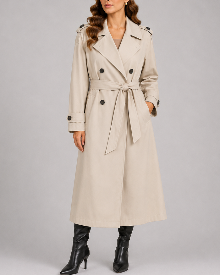 Women's Long Belted Trench Coat with Double Breasted Front and Notch Lapel