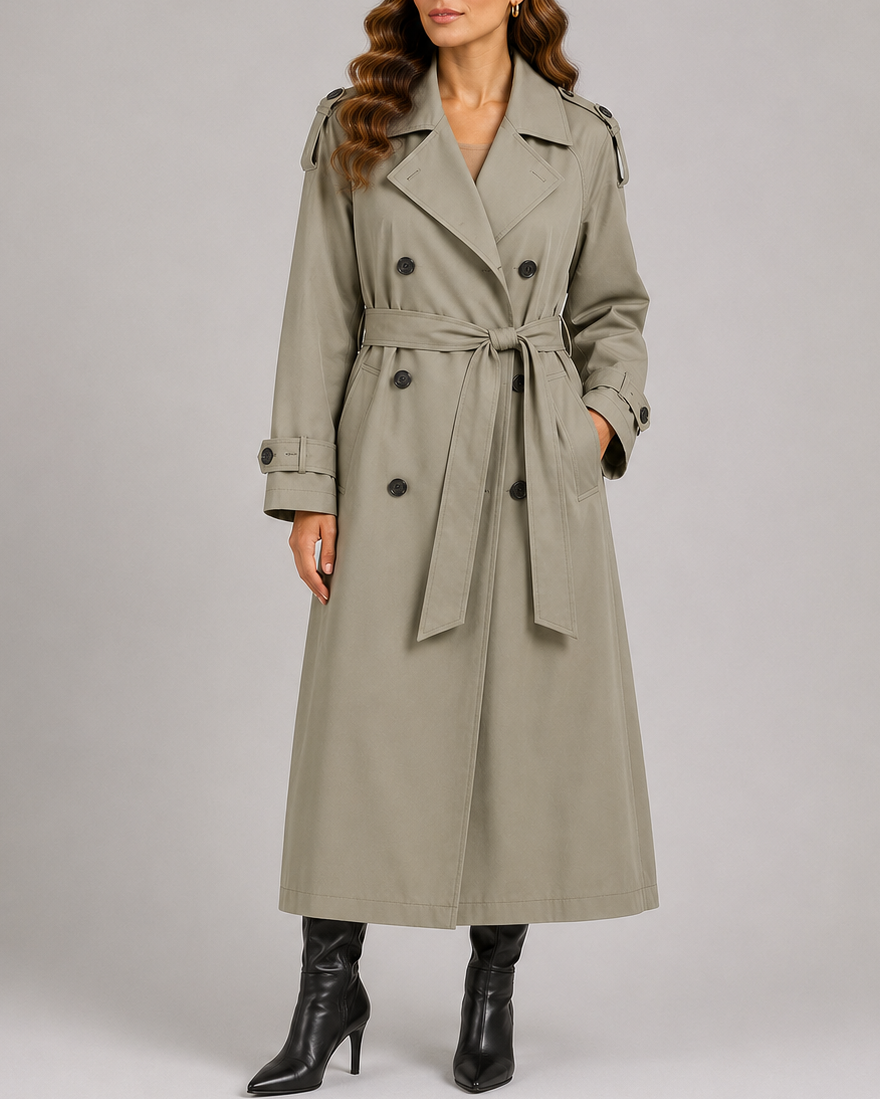 Women's Belted Long Trench Coat | Double Breasted Notch Lapel Longline Overcoat