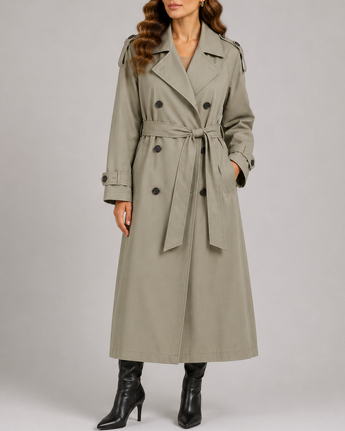 Women's Belted Long Trench Coat | Double Breasted Notch Lapel Longline Overcoat