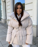Women's Belted Quilted Puffer Jacket with Funnel Collar