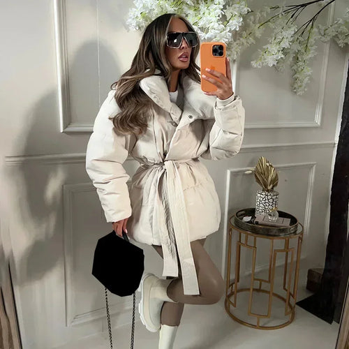 Women's Belted Quilted Puffer Jacket with Funnel Collar