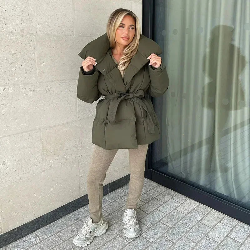Women's Belted Quilted Puffer Jacket with Funnel Collar