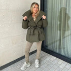 Women's Belted Quilted Puffer Jacket with Funnel Collar