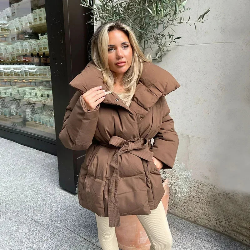 Women's Belted Quilted Puffer Jacket with Funnel Collar