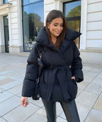 Women's Belted Quilted Puffer Jacket with Funnel Collar
