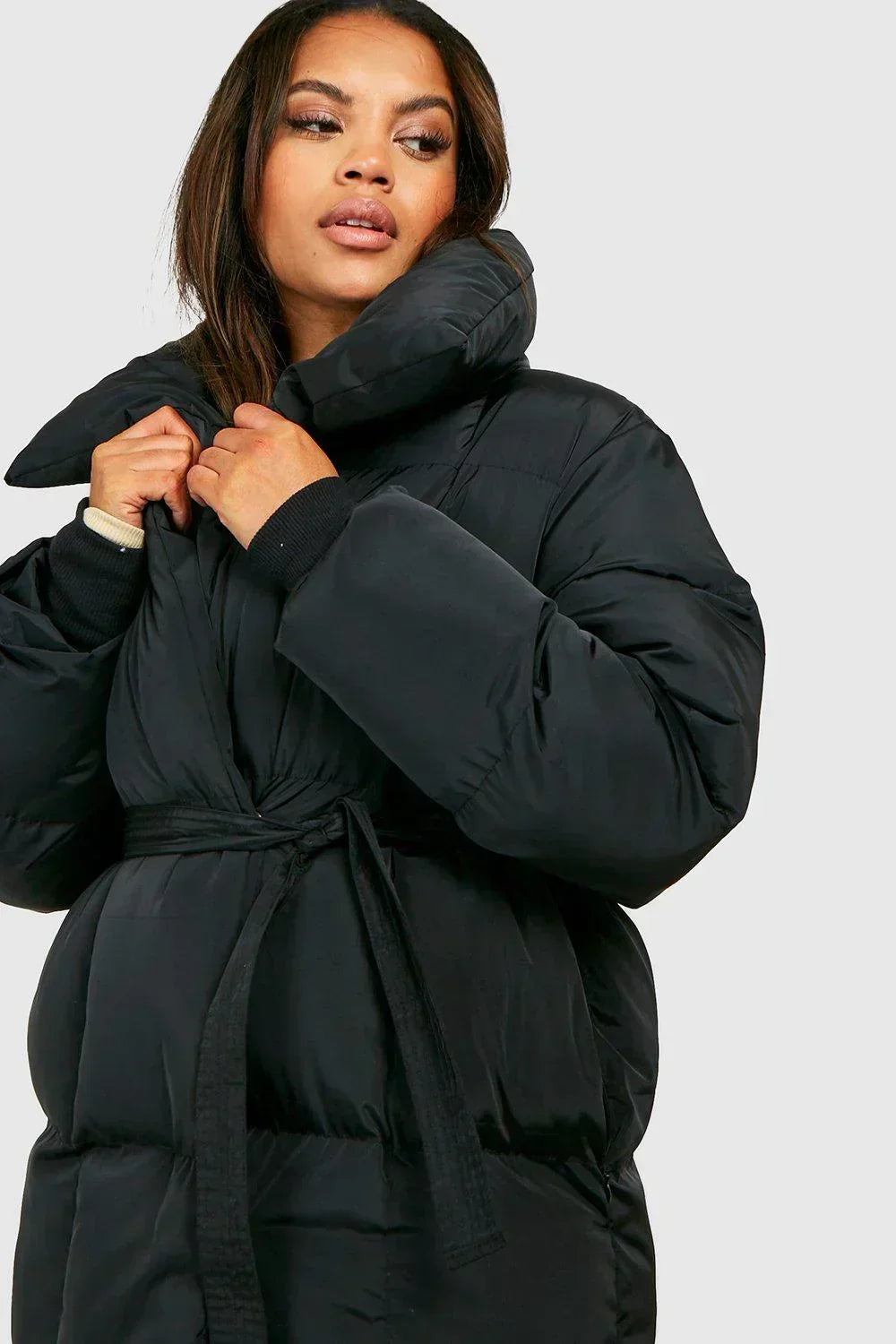 Women's Belted Quilted Puffer Jacket with Funnel Collar