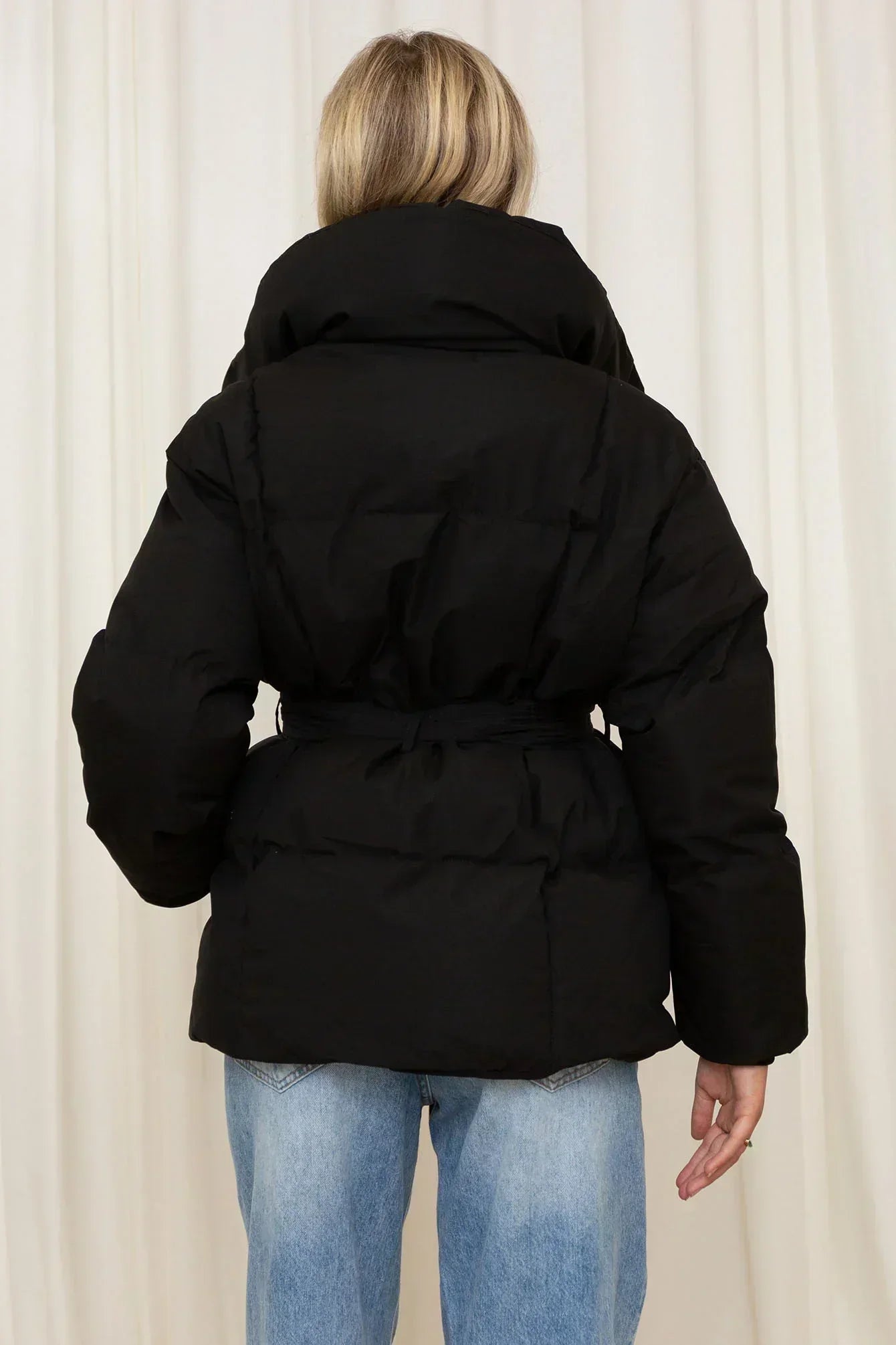 Women's Belted Quilted Puffer Jacket with Funnel Collar