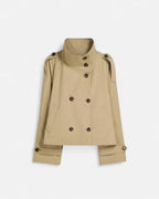 Women's Short Trench Coat | Double Breasted High Collar A-Line Swing Jacket
