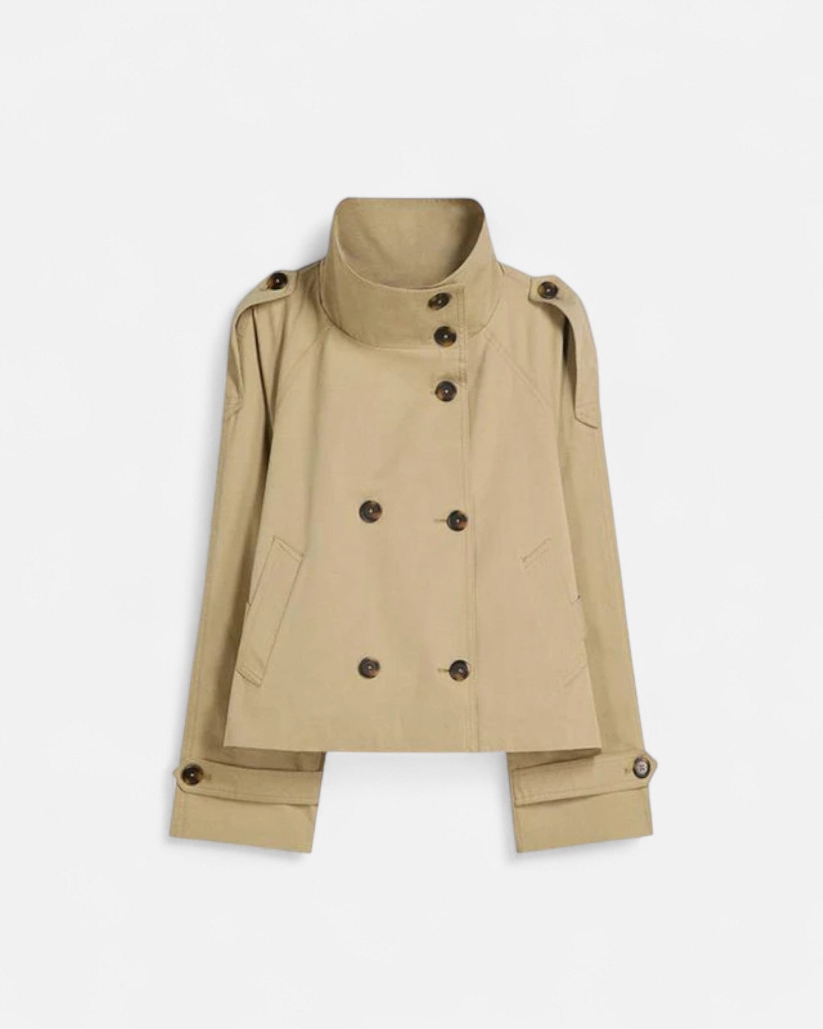 Women's Short Trench Coat | Double Breasted High Collar A-Line Swing Jacket