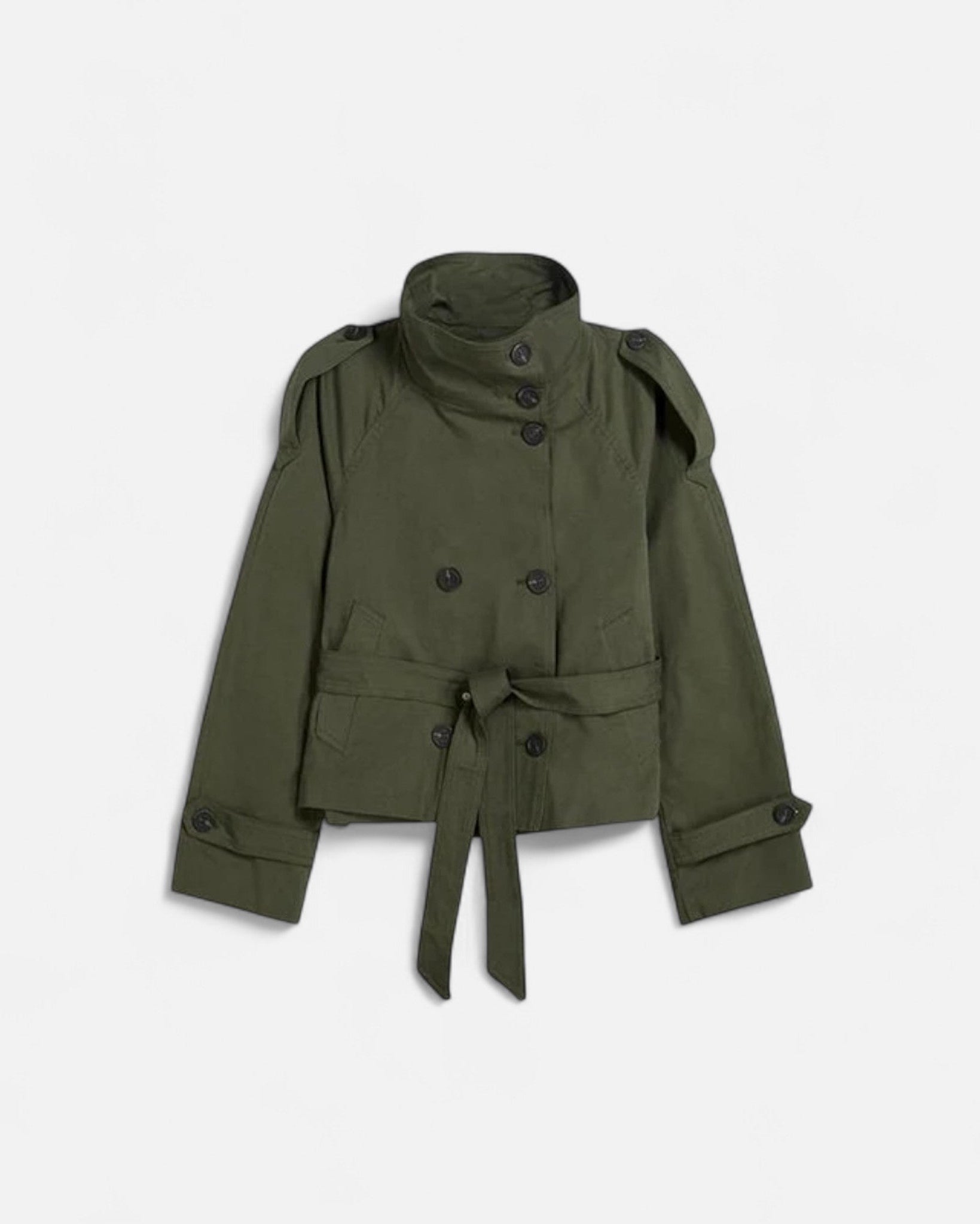 Women's Short Trench Coat | Double Breasted High Collar A-Line Swing Jacket