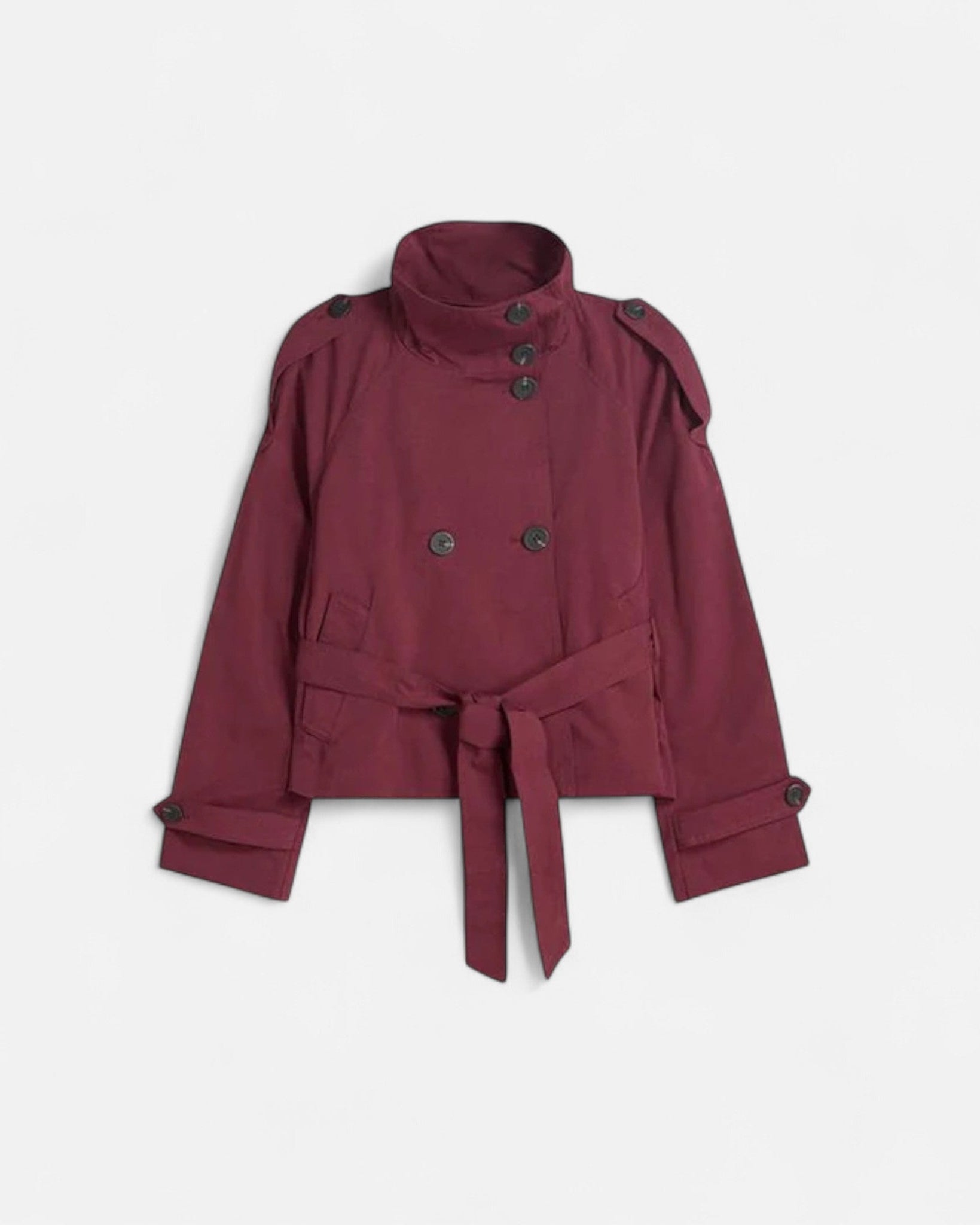 Women's Short Trench Coat | Double Breasted High Collar A-Line Swing Jacket