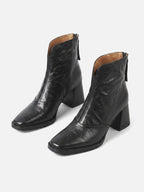 Women's Faux Leather Zip Boots with Block Heel and Square Toe