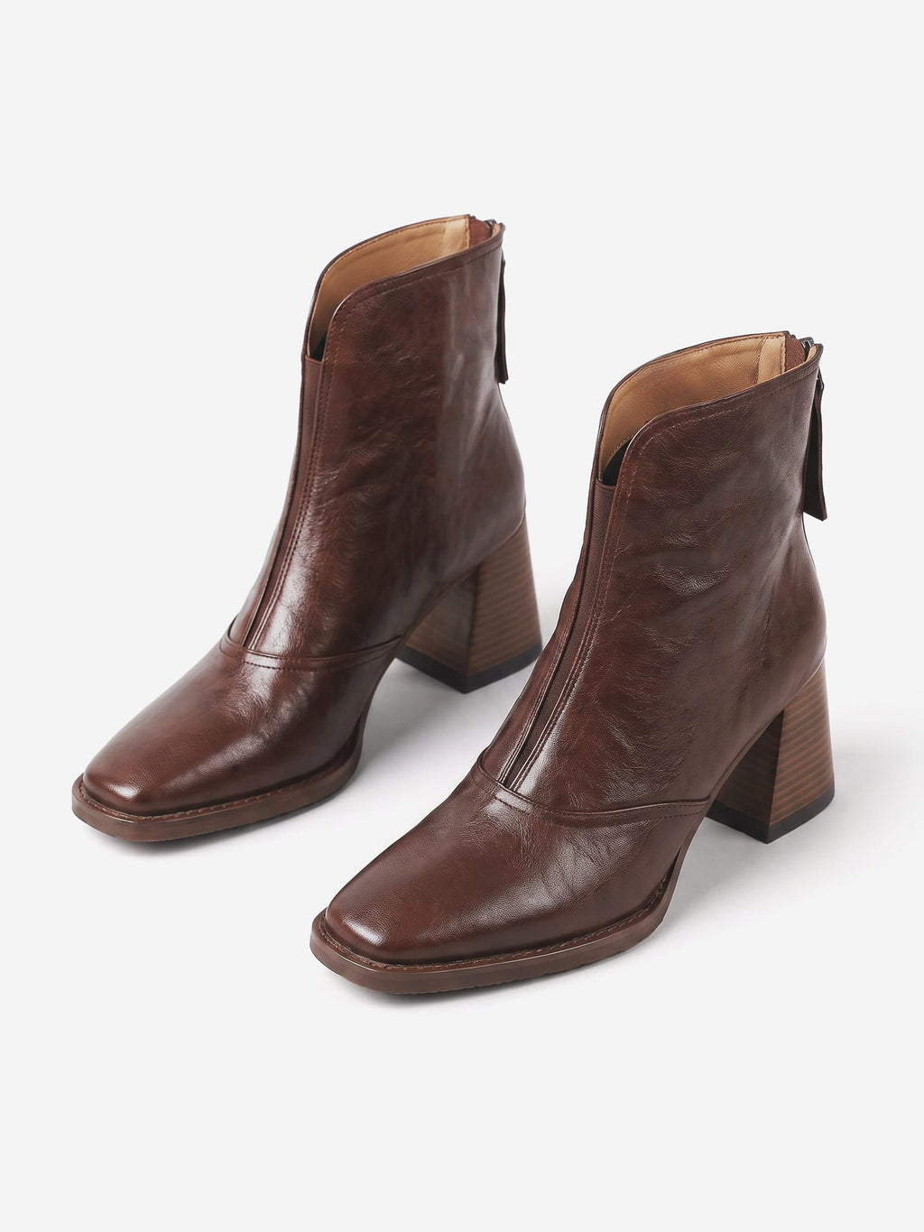 Women's Faux Leather Zip Boots with Block Heel and Square Toe