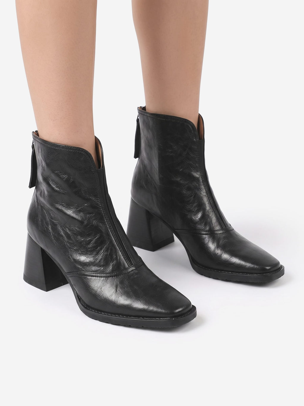 Women's Faux Leather Zip Boots with Block Heel and Square Toe