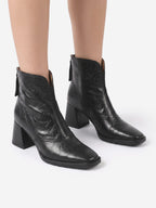 Women's Faux Leather Zip Boots with Block Heel and Square Toe