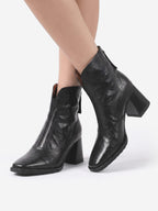 Women's Faux Leather Zip Boots with Block Heel and Square Toe