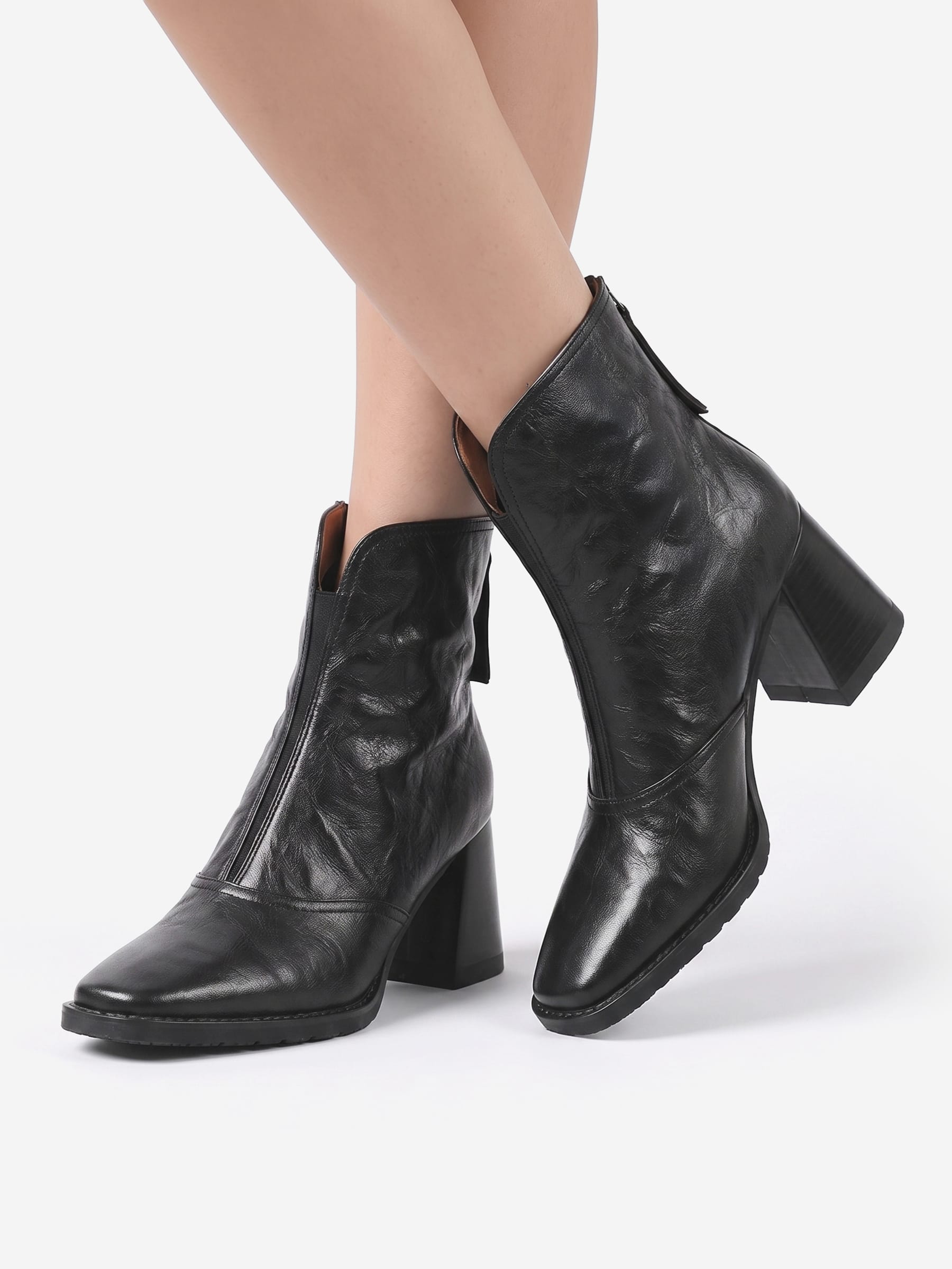 Women's Faux Leather Zip Boots with Block Heel and Square Toe