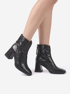 Women's Faux Leather Zip Boots with Block Heel and Square Toe