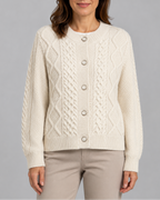 Women's Cable Knit Cardigan with Round Neck and Button Front - Beige