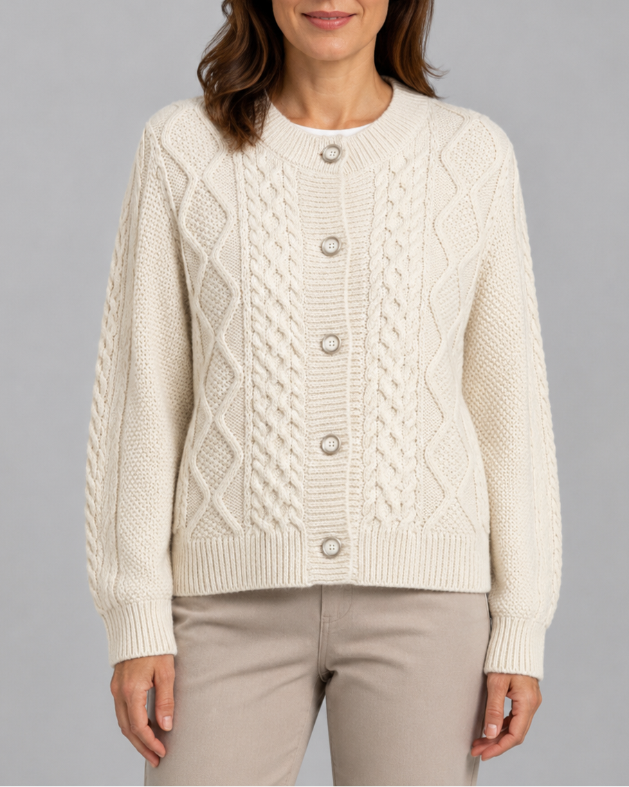 Women's Cable Knit Cardigan with Round Neck and Button Front - Beige