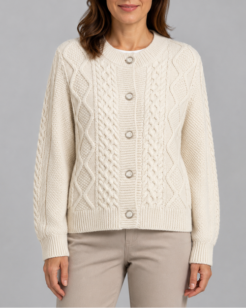 Women's Cable Knit Cardigan with Round Neck and Button Front - Beige