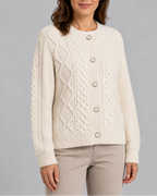 Women's Cable Knit Cardigan with Round Neck and Button Front - Beige