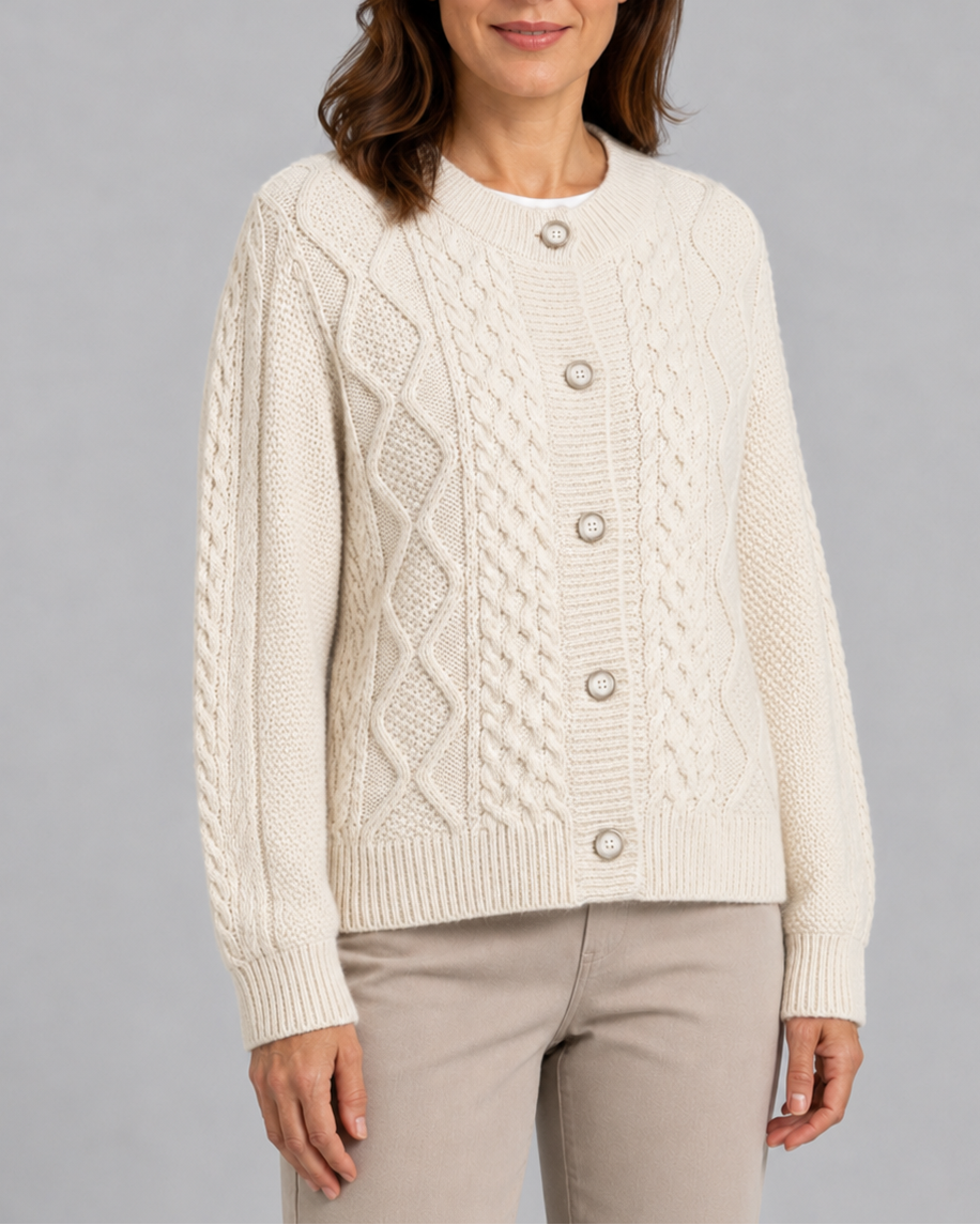 Women's Cable Knit Cardigan with Round Neck and Button Front - Beige